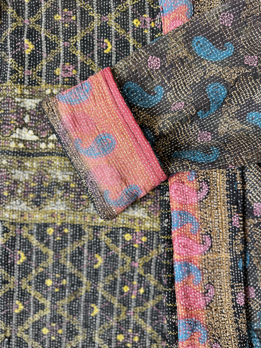 Vintage cotton Cropped Clara Kantha Jacket with finely hand stitched details, rich textures and colours.