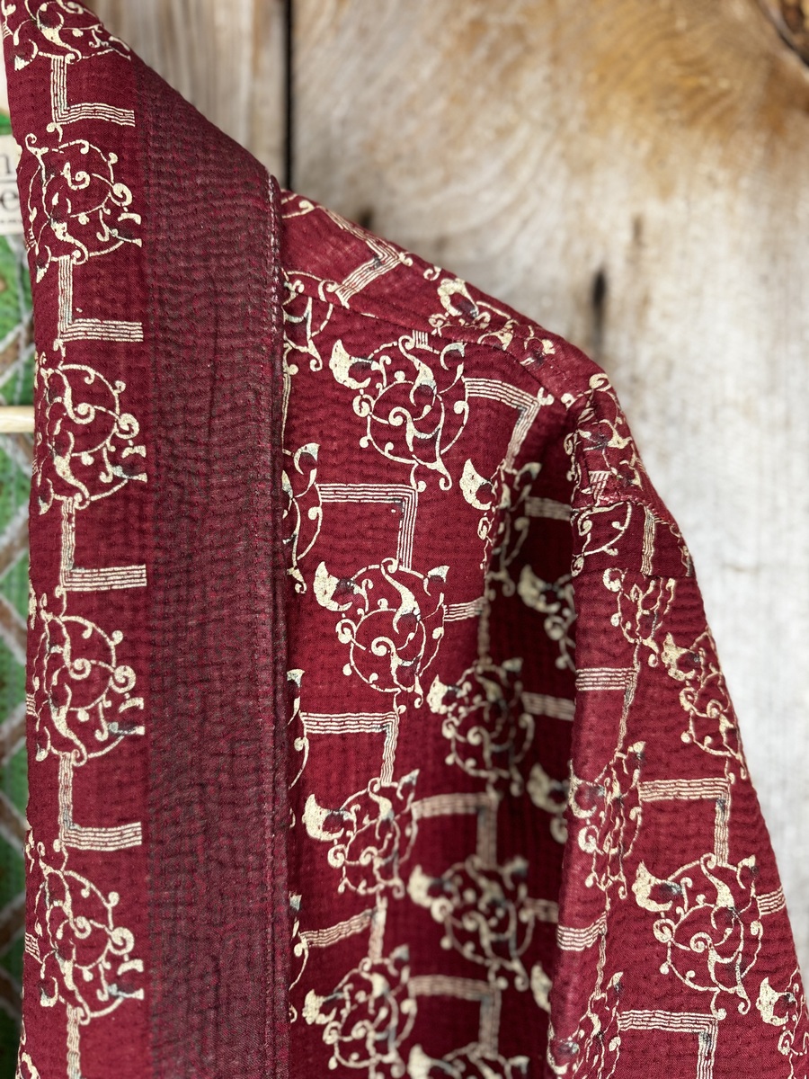 Vintage cotton Clara Kantha Jacket with finely hand stitched details, rich textures and colours.
