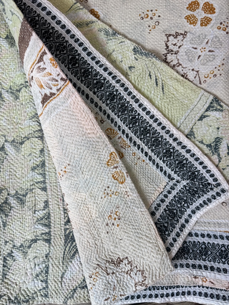 Exquisite vintage Kantha quilt featuring authentic hand-stitched Indian patchwork, responsibly sourced and perfect as unique homeware.