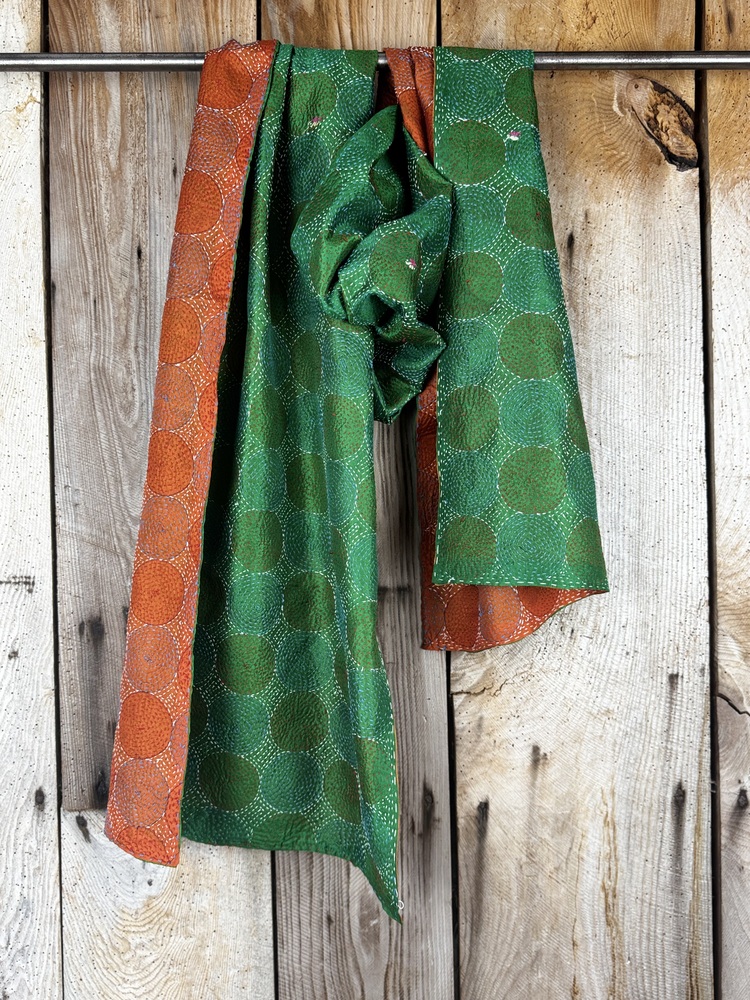 Silk scarf made from hand-stitched recycled sari silk.