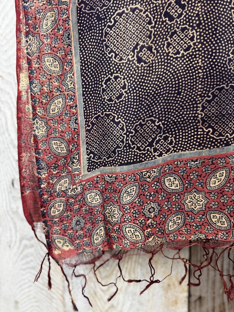 Mulberry silk scarf, block printed with natural dyes by Sufyian Khatri. The perfect lightweight unique accessory for any outfit.
