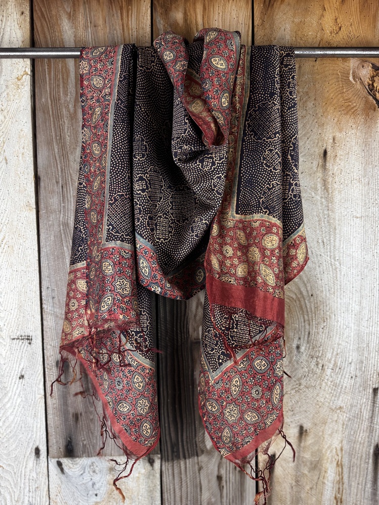 Mulberry silk scarf, block printed with natural dyes by Sufyian Khatri. The perfect lightweight unique accessory for any outfit.