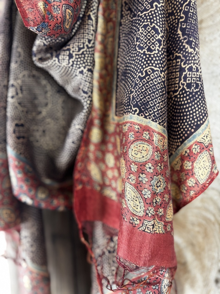 Mulberry silk scarf, block printed with natural dyes by Sufyian Khatri. The perfect lightweight unique accessory for any outfit.