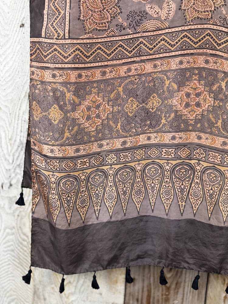 Mulberry silk scarf, block printed with natural dyes by Sufyian Khatri. The perfect lightweight unique accessory for any outfit.