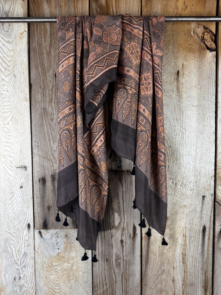 Mulberry silk scarf, block printed with natural dyes by Sufyian Khatri. The perfect lightweight unique accessory for any outfit.
